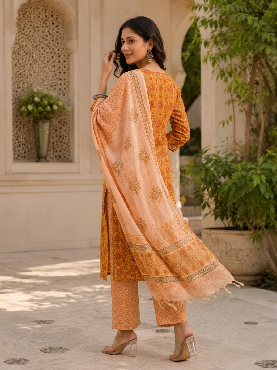 Orange Ethnic V-Neck Rayon Printed Kurta Set Pant Dupatta