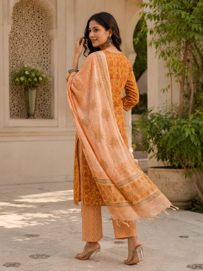 Orange Ethnic V-Neck Rayon Printed Kurta Set Pant Dupatta