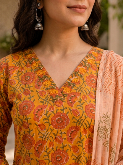 Orange Ethnic V-Neck Rayon Printed Kurta Set Pant Dupatta