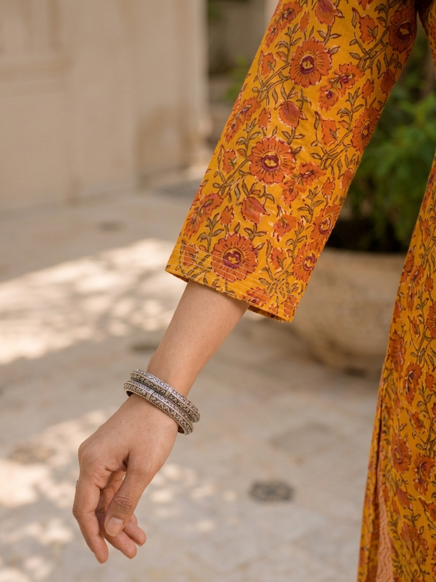 Orange Ethnic V-Neck Rayon Printed Kurta Set Pant Dupatta