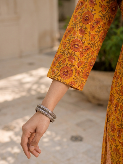 Orange Ethnic V-Neck Rayon Printed Kurta Set Pant Dupatta