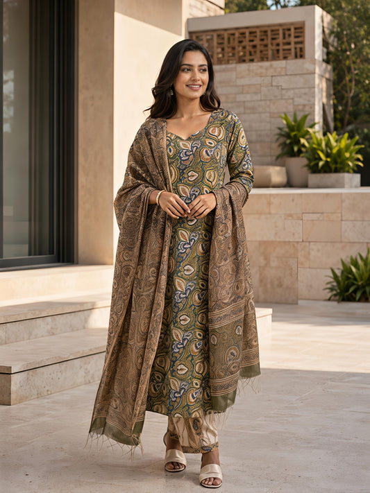 Trendy Floral Printed Kurta Pant Dupatta Ethnic Outfit Set