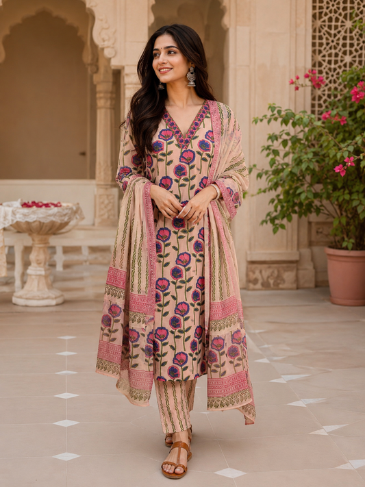 Beige V-Neck Ethnic Floral Printed Kurta Set Stylish Outfit