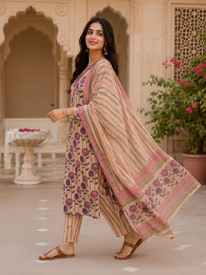 Beige V-Neck Ethnic Floral Printed Kurta Set Stylish Outfit