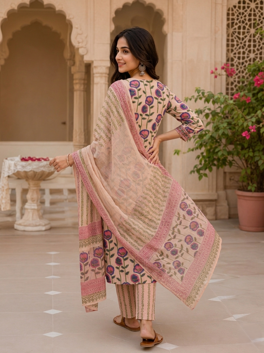Beige V-Neck Ethnic Floral Printed Kurta Set Stylish Outfit