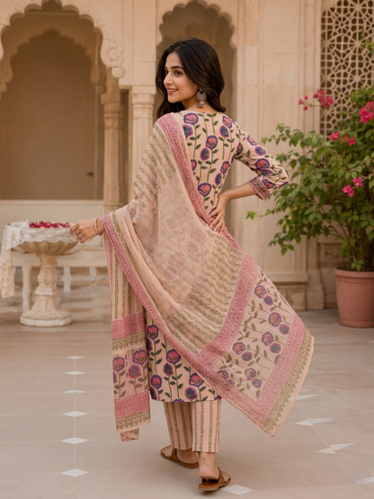 Beige V-Neck Ethnic Floral Printed Kurta Set Stylish Outfit