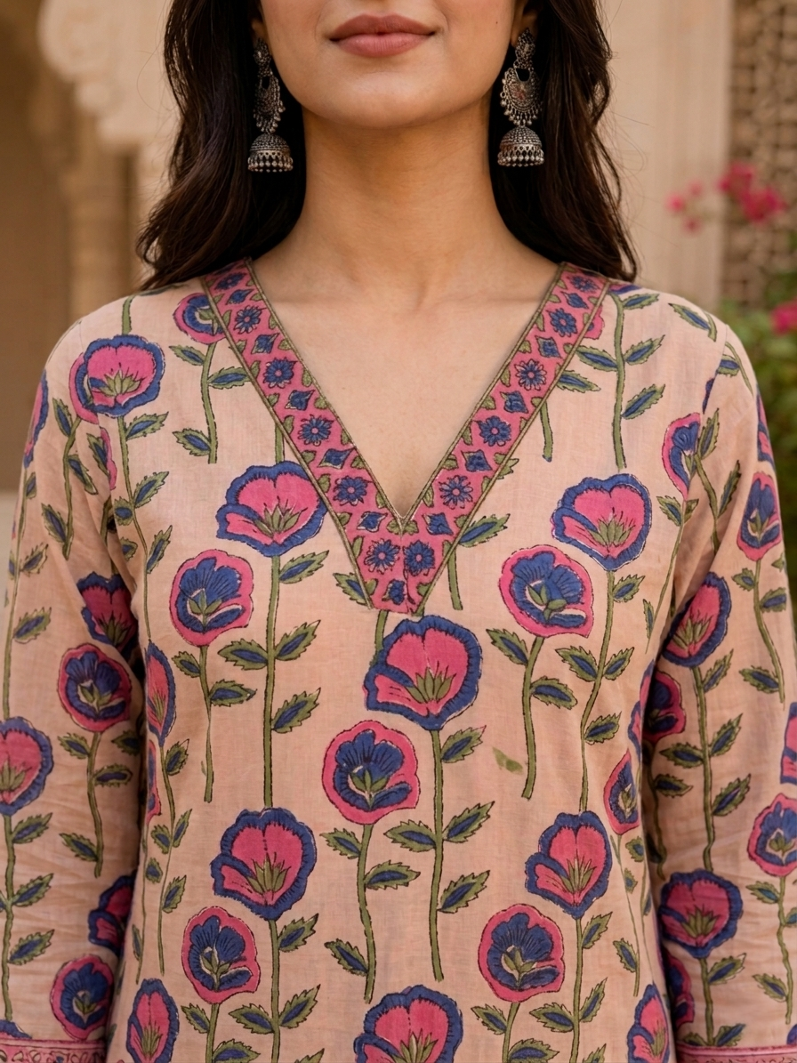 Beige V-Neck Ethnic Floral Printed Kurta Set Stylish Outfit