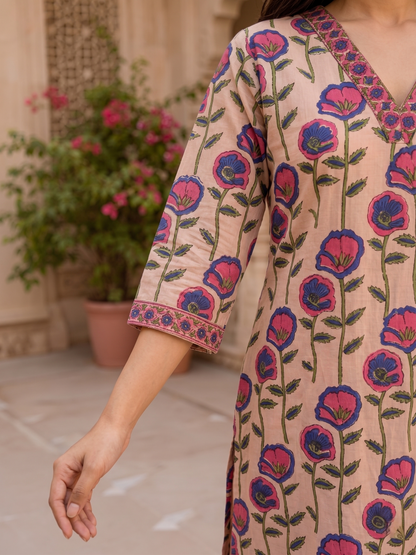 Beige V-Neck Ethnic Floral Printed Kurta Set Stylish Outfit