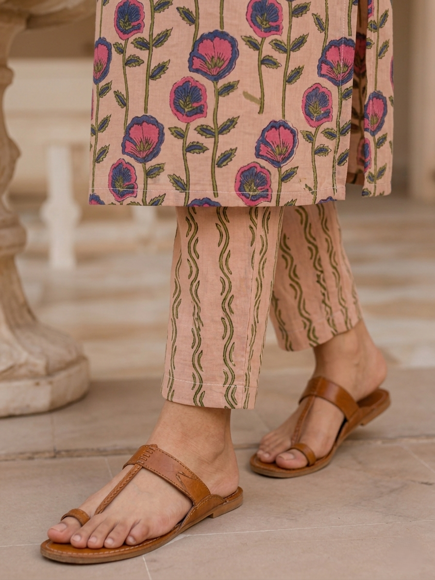 Beige V-Neck Ethnic Floral Printed Kurta Set Stylish Outfit