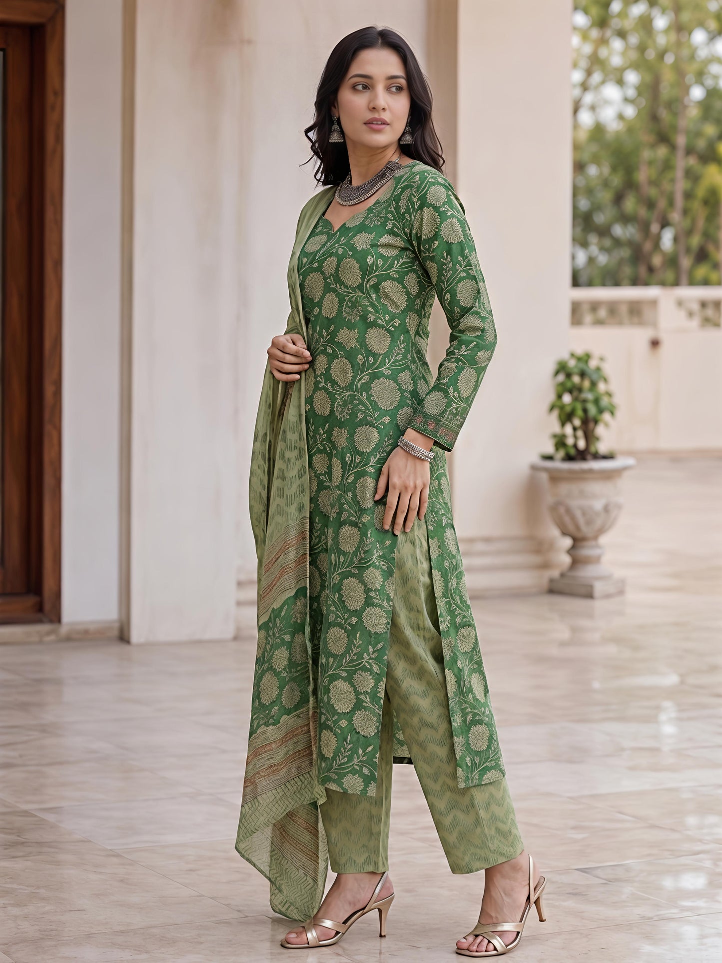 Green V-Neck Ethnic Floral Printed Kurta Set Stylish Outfit
