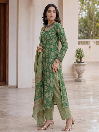 Green V-Neck Ethnic Floral Printed Kurta Set Stylish Outfit