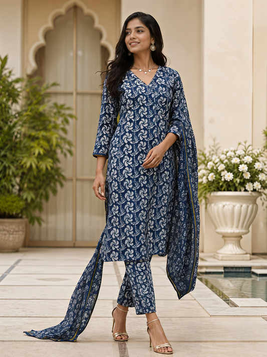 Blue Ethnic V-Neck Rayon Printed Kurta Set Stylish Outfit