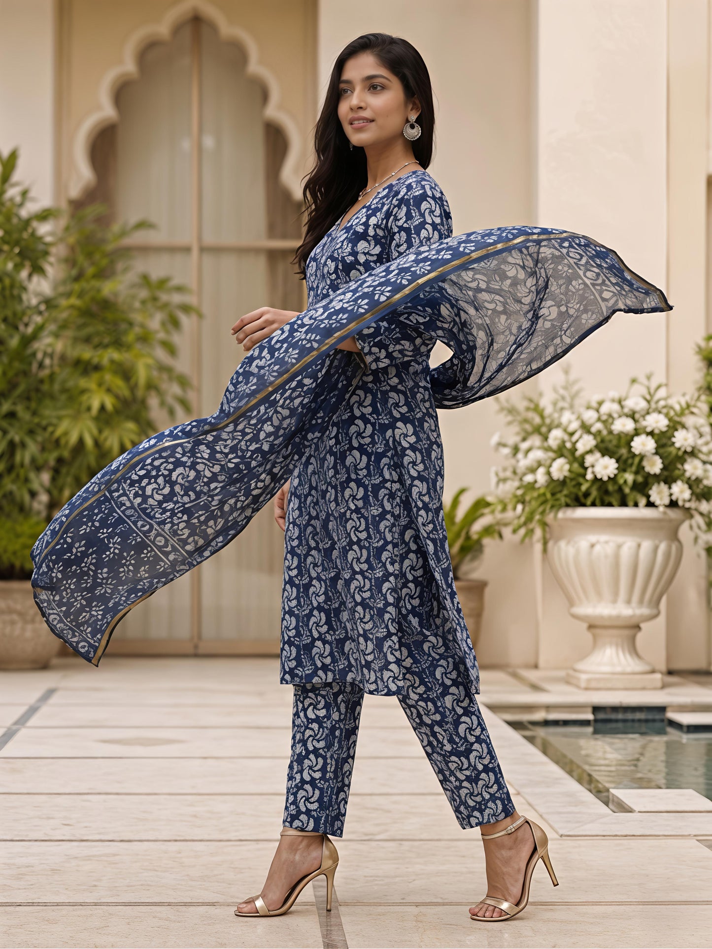Blue Ethnic V-Neck Rayon Printed Kurta Set Stylish Outfit