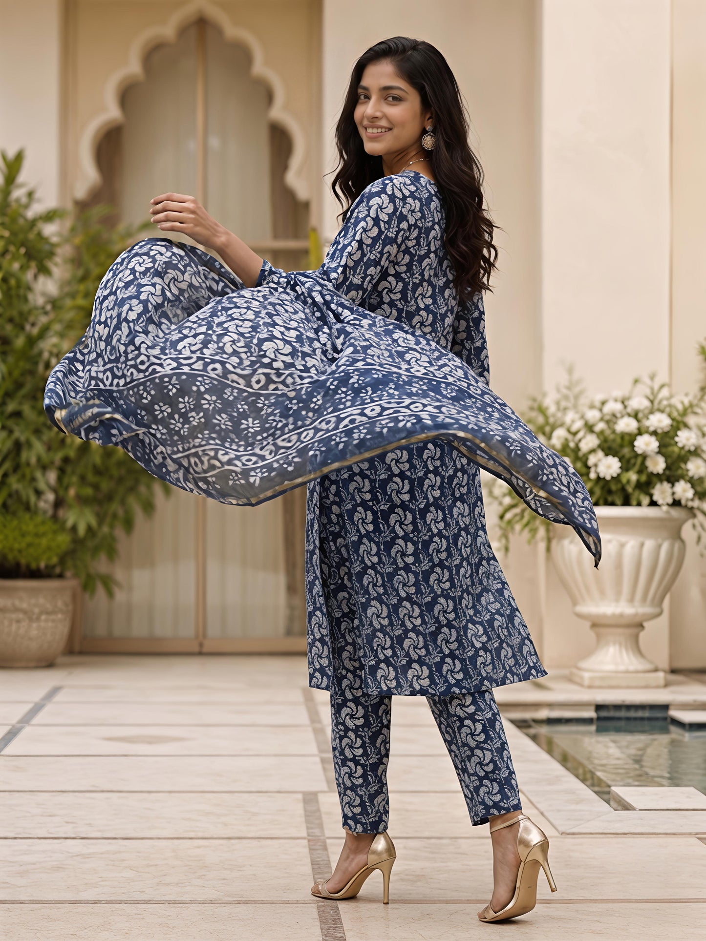 Blue Ethnic V-Neck Rayon Printed Kurta Set Stylish Outfit
