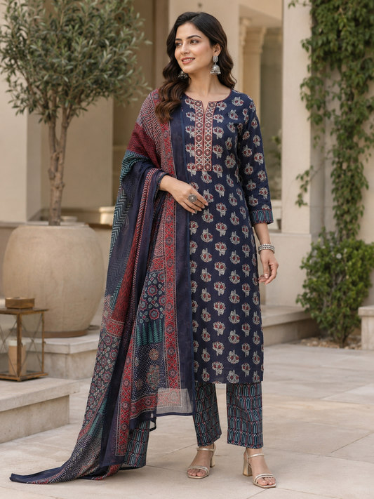 Blue Ethnic V-Neck Rayon Printed Kurta Set Casual Outfit