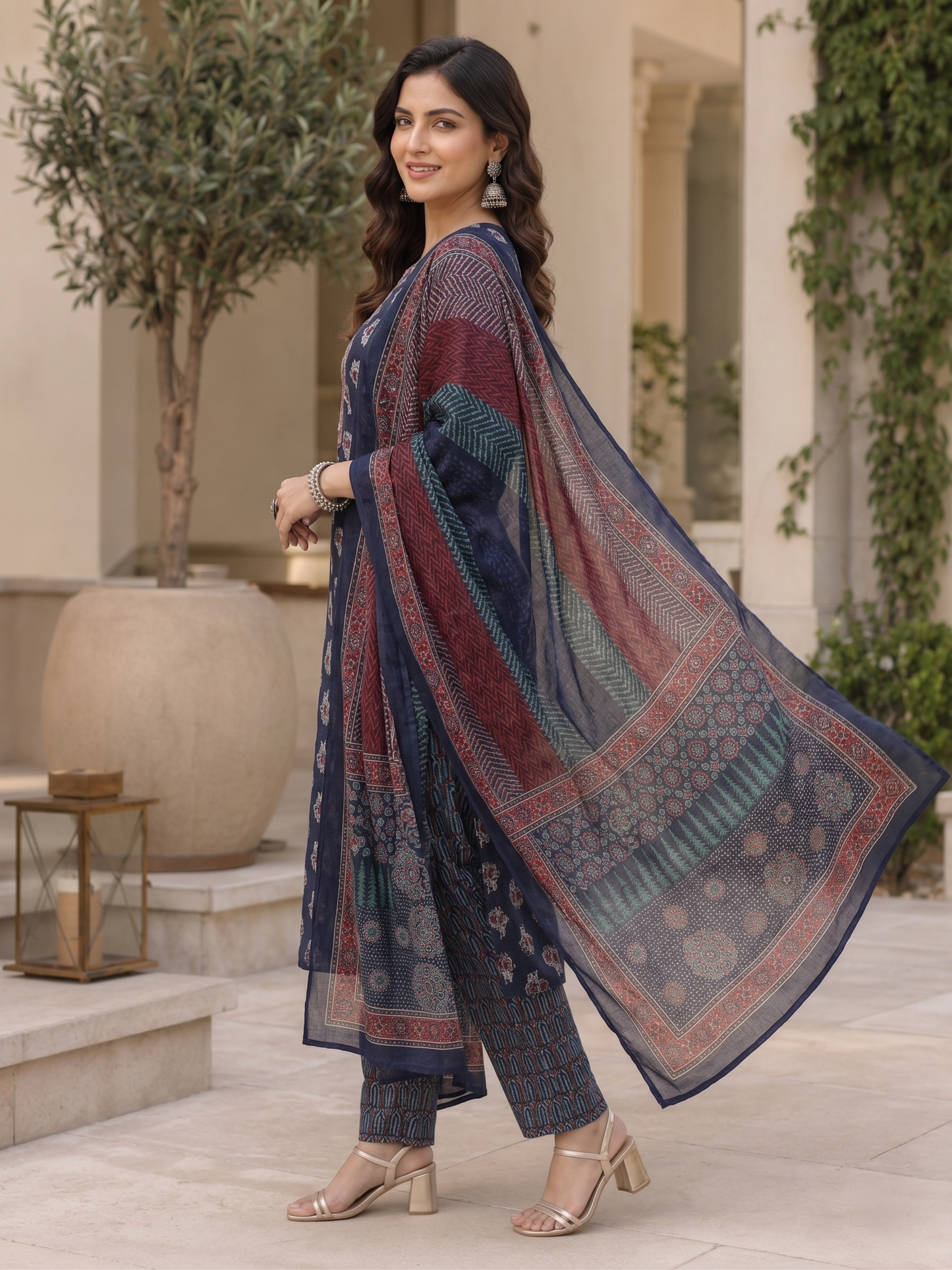 Blue Ethnic V-Neck Rayon Printed Kurta Set Casual Outfit