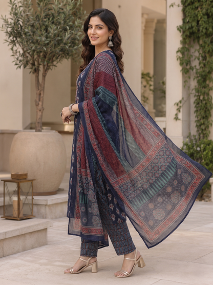 Blue Ethnic V-Neck Rayon Printed Kurta Set Casual Outfit