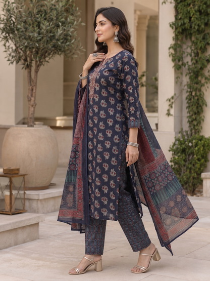 Blue Ethnic V-Neck Rayon Printed Kurta Set Casual Outfit