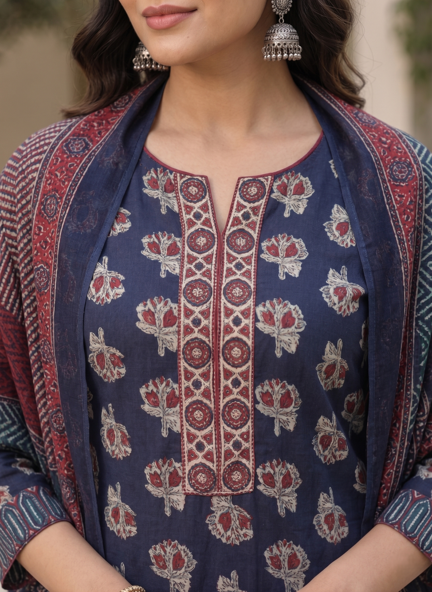 Blue Ethnic V-Neck Rayon Printed Kurta Set Casual Outfit