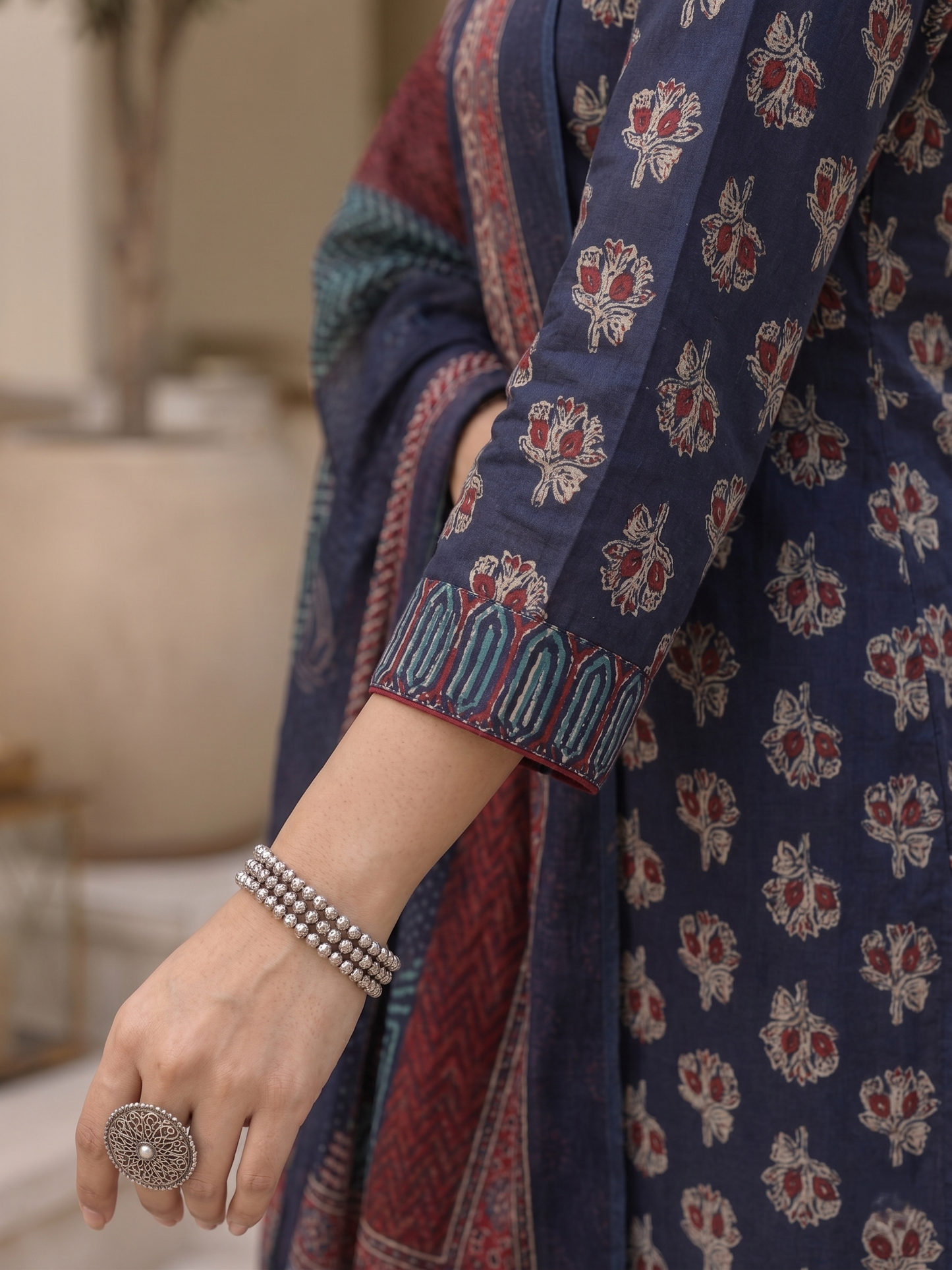 Blue Ethnic V-Neck Rayon Printed Kurta Set Casual Outfit