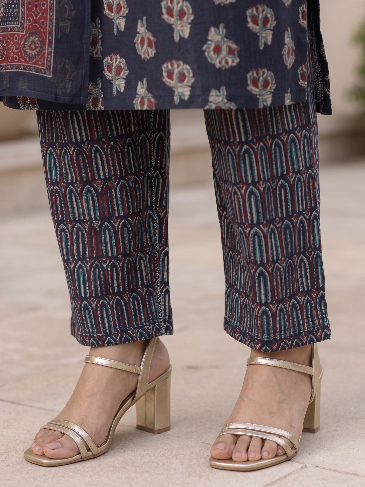 Blue Ethnic V-Neck Rayon Printed Kurta Set Casual Outfit
