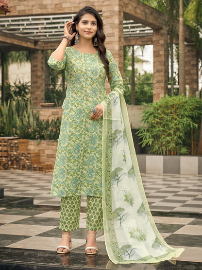 Green Floral Printed Round Neck Kurta Set