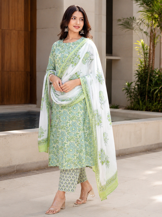 Green Ethnic Floral Cotton Kurta Set Stylish Outfit Set