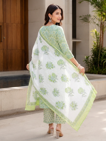 Green Ethnic Floral Cotton Kurta Set Stylish Outfit Set