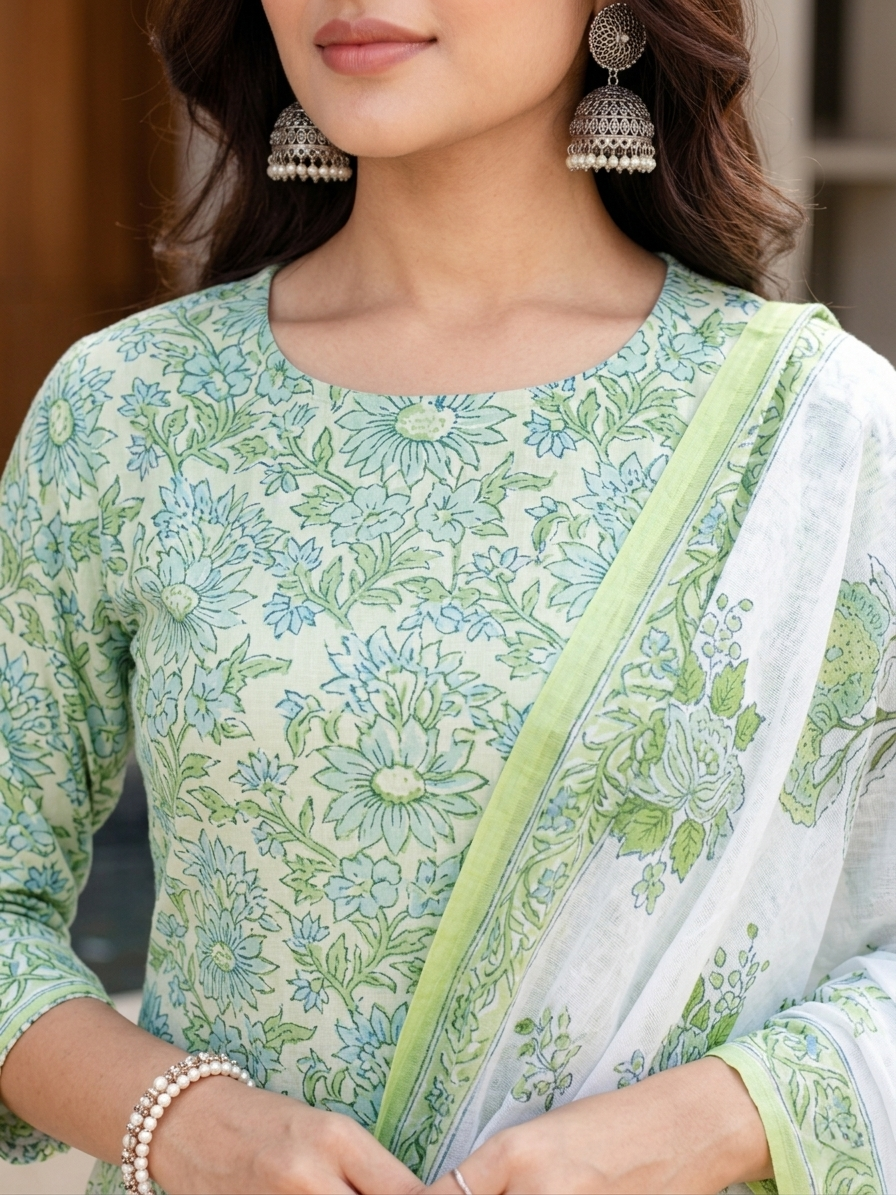 Green Ethnic Floral Cotton Kurta Set Stylish Outfit Set