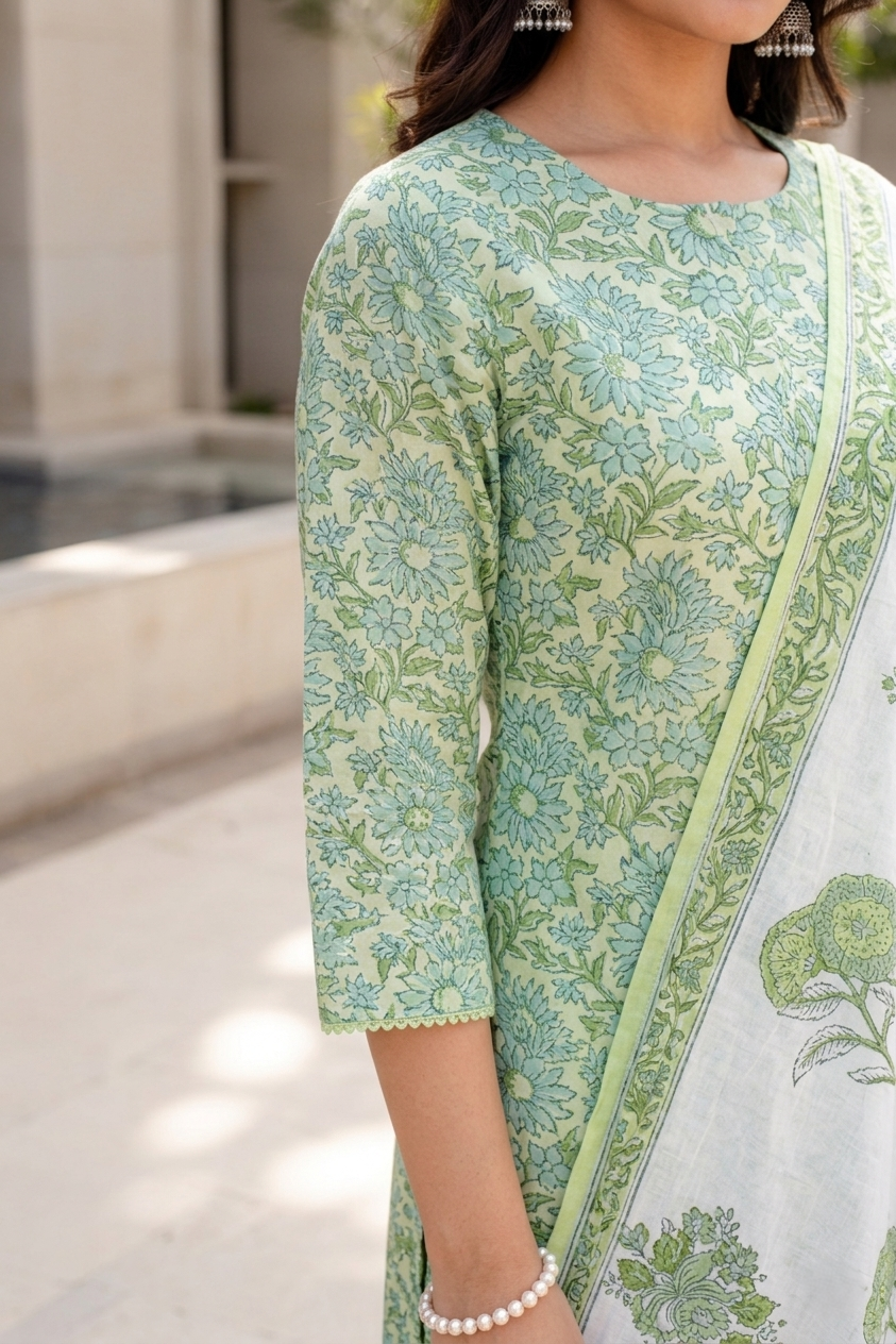 Green Ethnic Floral Cotton Kurta Set Stylish Outfit Set
