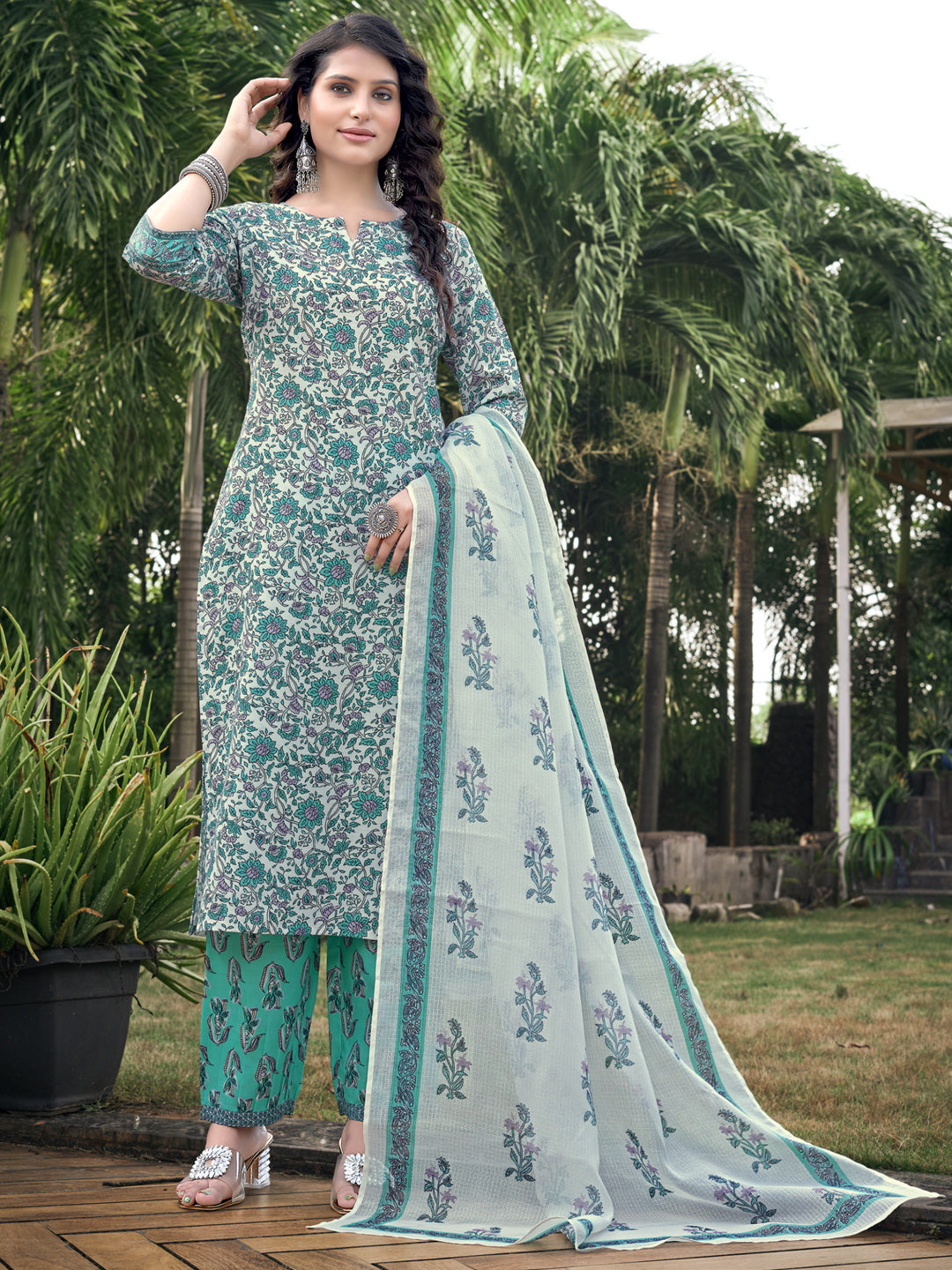 White & Blue Floral Printed Rayon V-Neck Kurta Set