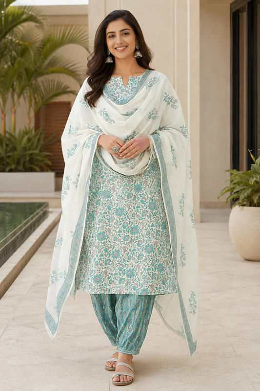White & green Ethnic Rayon Kurta Set Dupatta Stylish Festive Outfit
