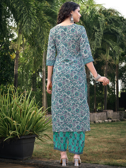 White & Blue Floral Printed Rayon V-Neck Kurta Set