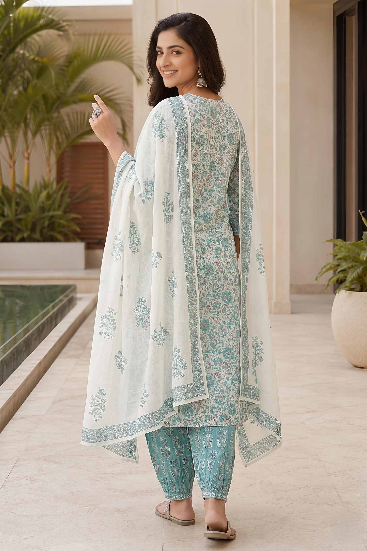 White & green Ethnic Rayon Kurta Set Dupatta Stylish Festive Outfit