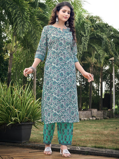 White & Blue Floral Printed Rayon V-Neck Kurta Set