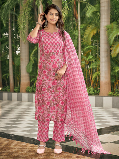 Pink Floral Printed V-Neck Kurta Set