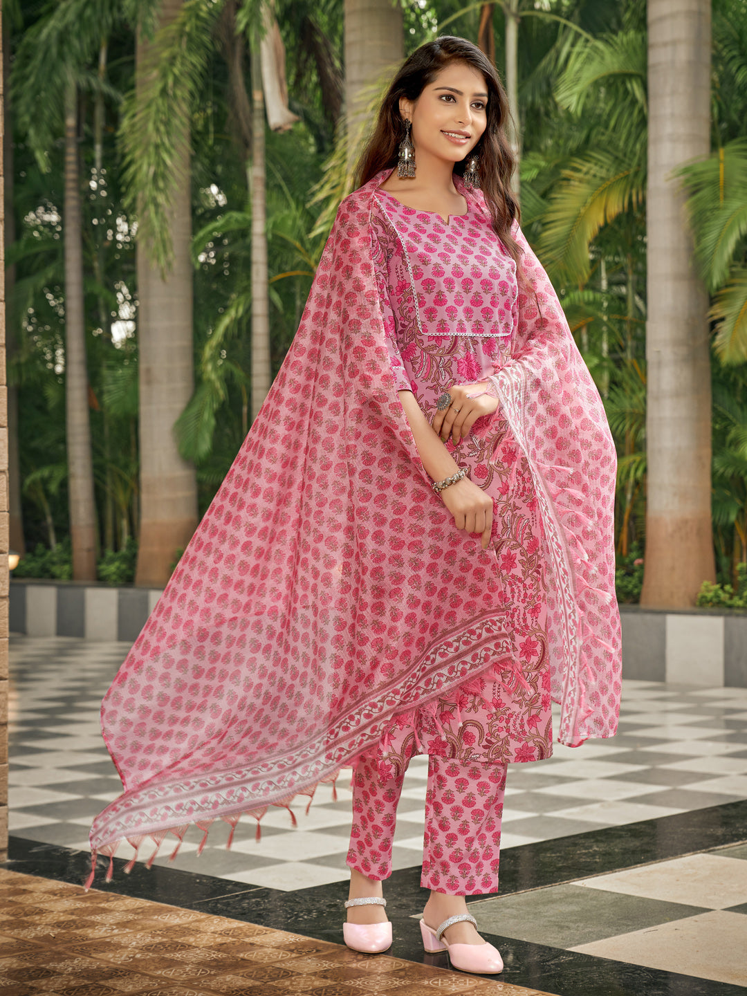 Pink Floral Printed V-Neck Kurta Set