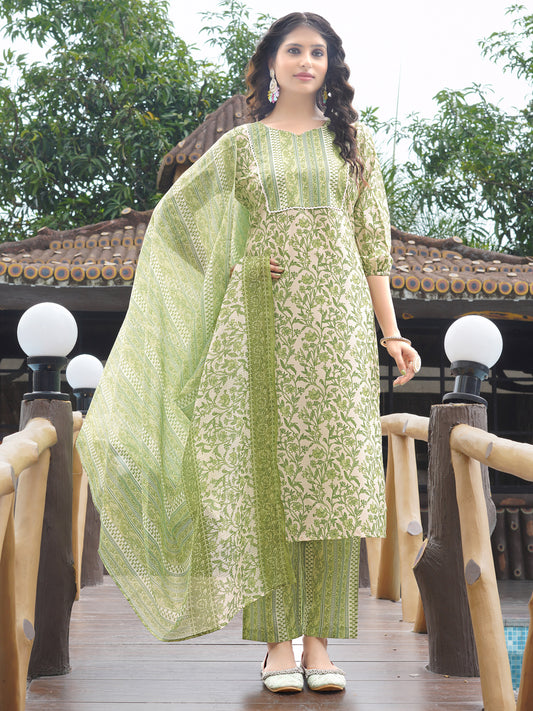 Green Floral Printed Sweetheart Neck Kurta Set