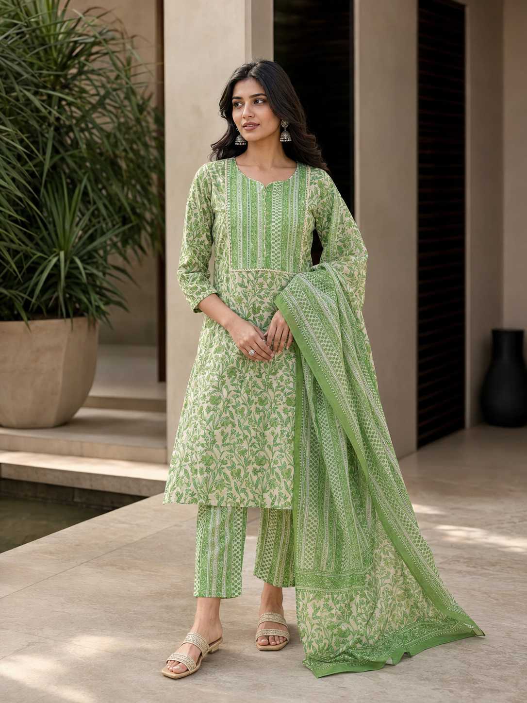 Green Viscose Rayon Kurta Set Dupatta Stylish Ethnic Outfit