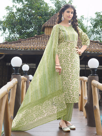 Green Floral Printed Sweetheart Neck Kurta Set