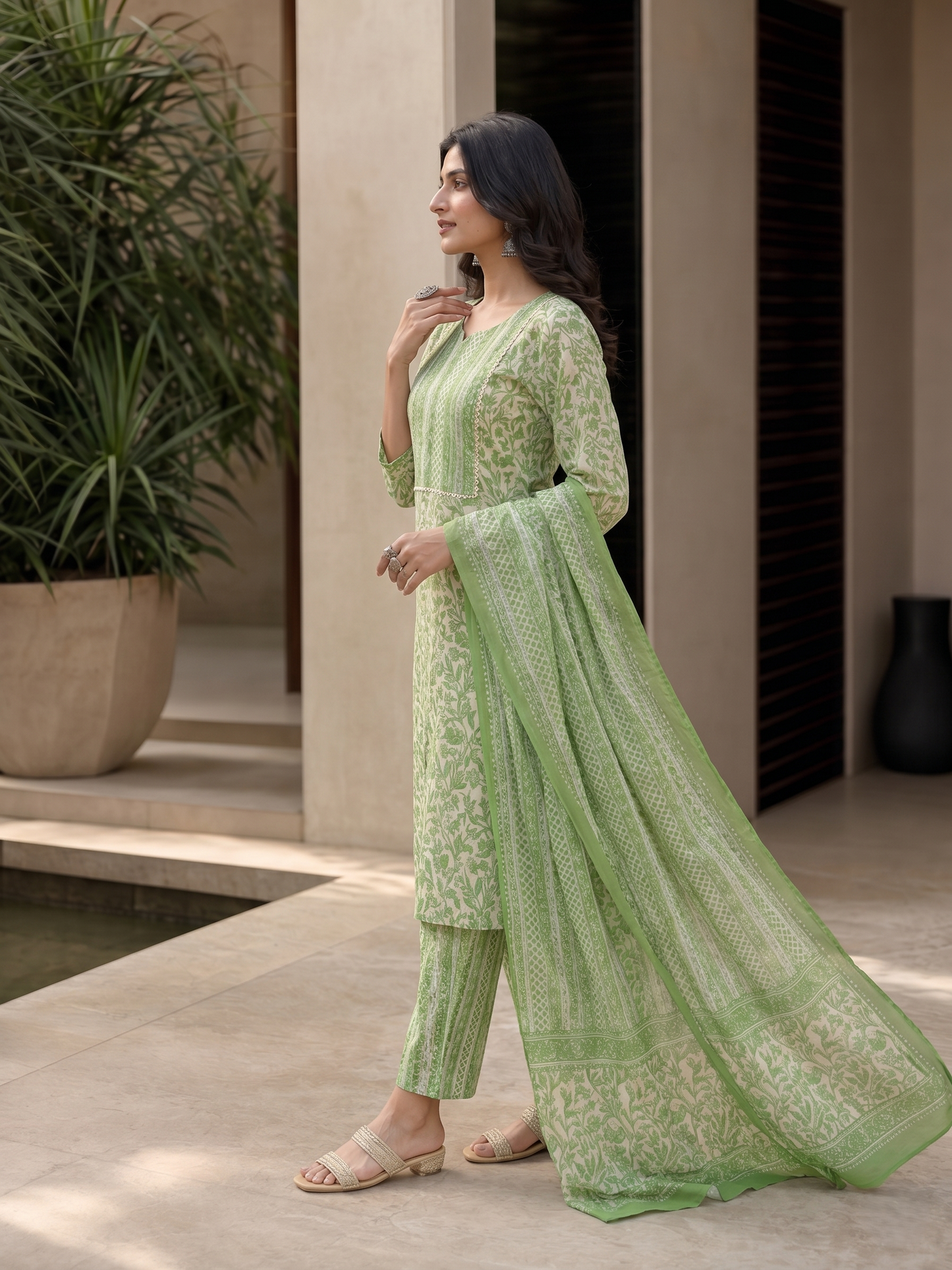Green Viscose Rayon Kurta Set Dupatta Stylish Ethnic Outfit