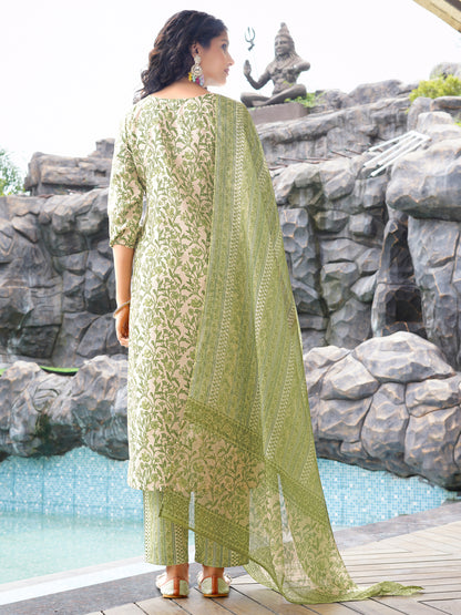 Green Floral Printed Sweetheart Neck Kurta Set