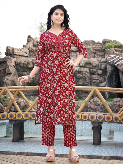 Pink Printed Straight V-Neck Kurta Set