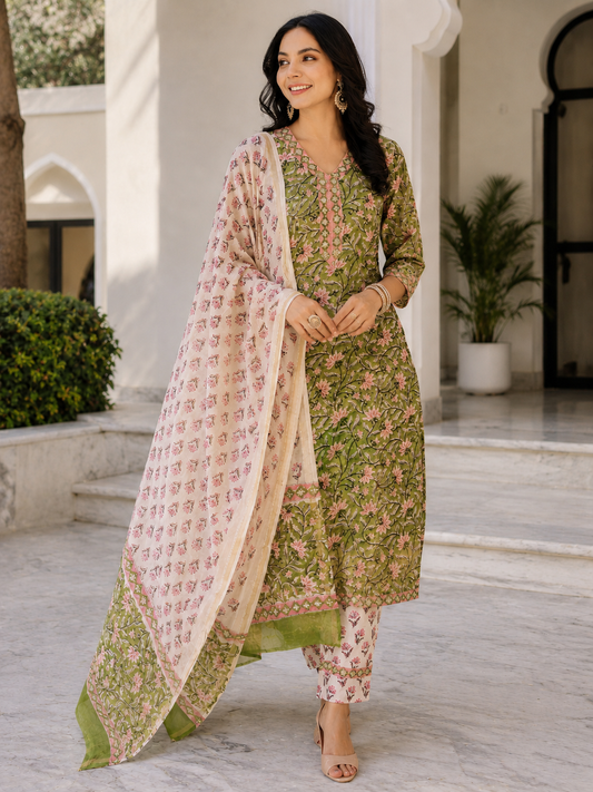 Green Ethnic V-Neck Viscose Rayon Floral Kurta Set Dupatta Outfit
