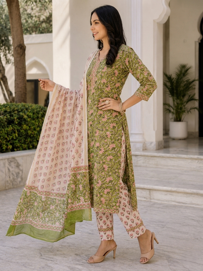 Green Ethnic V-Neck Viscose Rayon Floral Kurta Set Dupatta Outfit