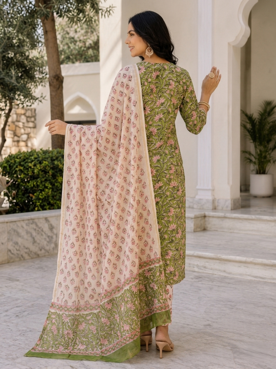 Green Ethnic V-Neck Viscose Rayon Floral Kurta Set Dupatta Outfit