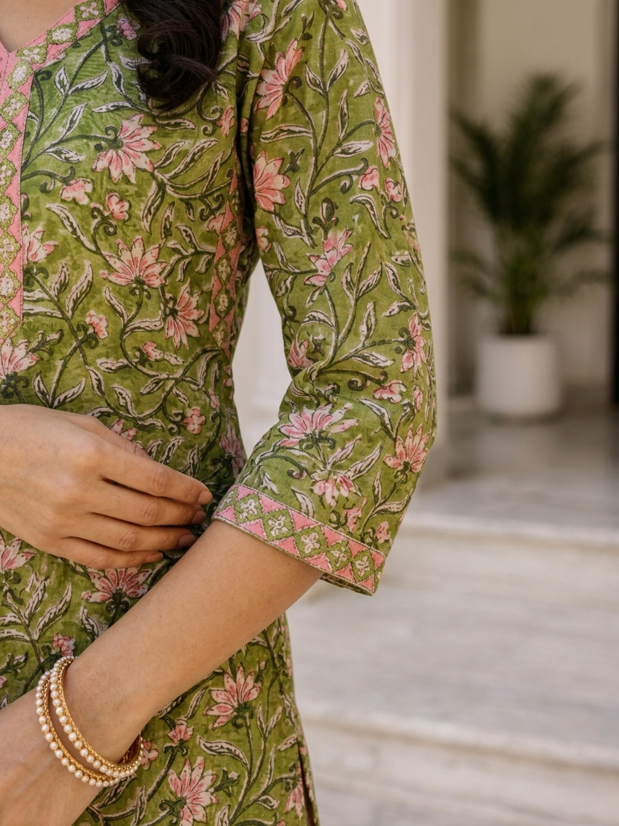 Green Ethnic V-Neck Viscose Rayon Floral Kurta Set Dupatta Outfit