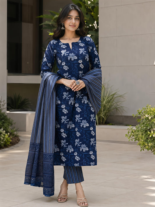 Smoke Blue Ethnic V-Neck Viscose Rayon Floral Kurta Set Dupatta
