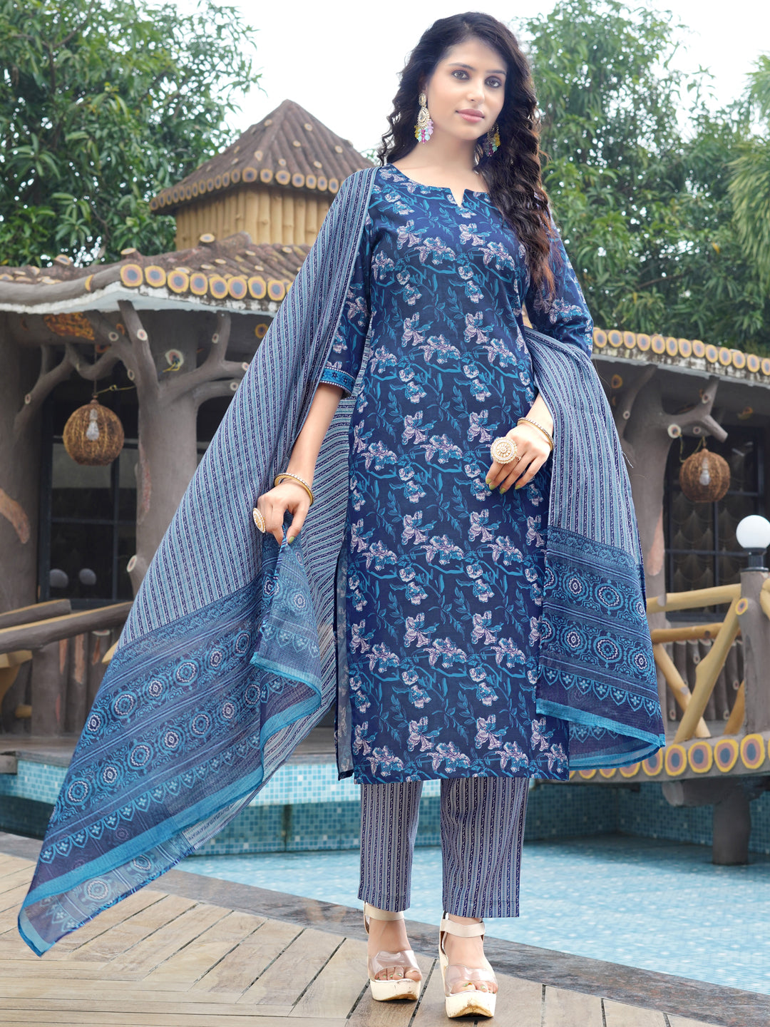 Smoke Blue Viscose Rayon V-Neck Kurta Set