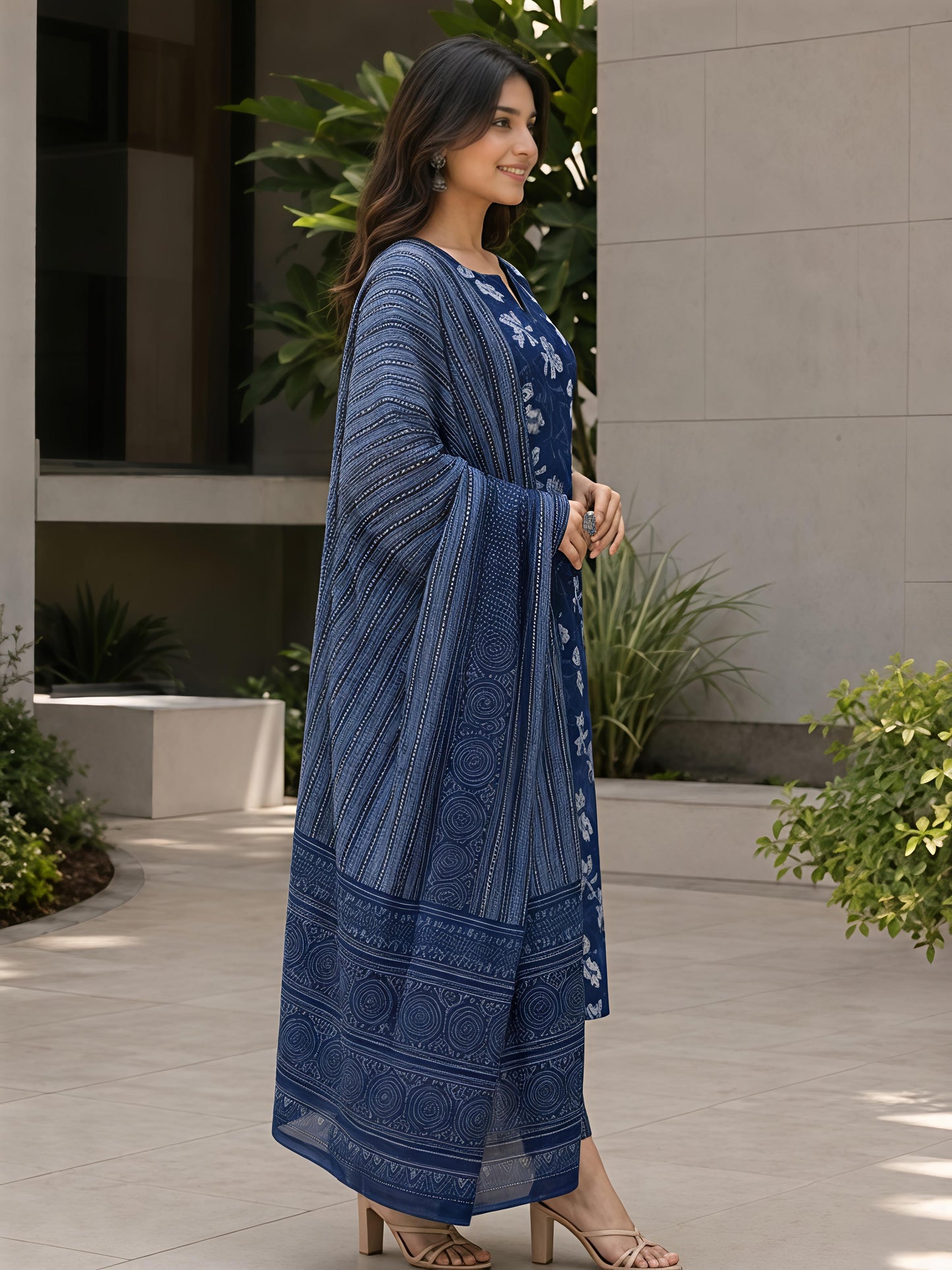 Smoke Blue Ethnic V-Neck Viscose Rayon Floral Kurta Set Dupatta